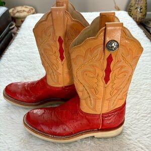 Rudy Lara Genuine Ostrich skin 2Tone Red/Cognac Leather Women’s Western Boots 7